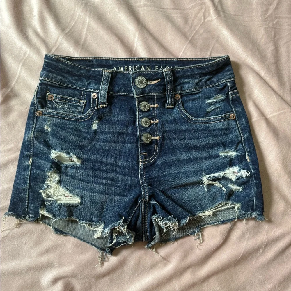 American Eagle Outfitters Dark Blue Distressed Button-Front Denim Shorts